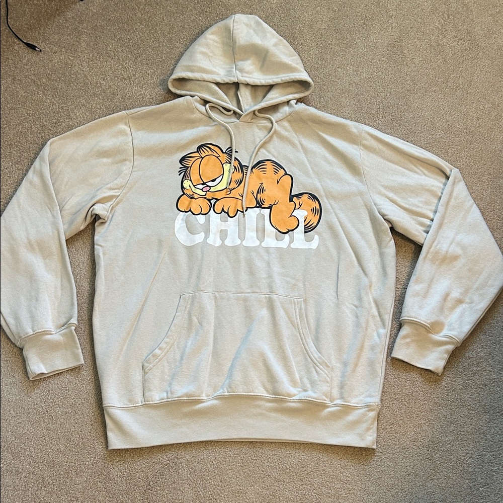 New Garfield 'Chill' Graphic Hoodie Sweatshirt - Beige